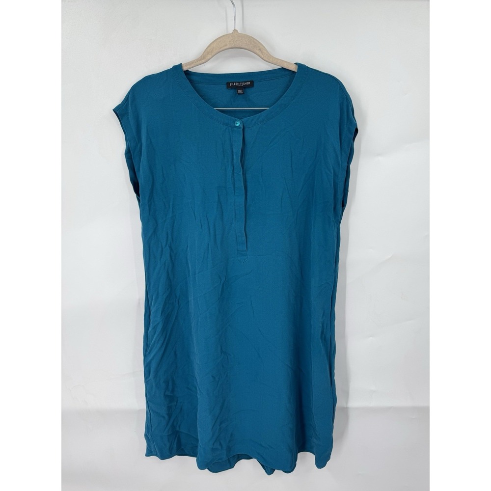 Eileen Fisher 100% Silk Mini Tunic Dress Women Petite Medium Blue Minimalist